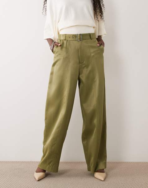 ASOS DESIGN satijnen broek met wijde pijpen en riem in olijfgroen - view 1