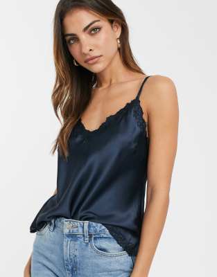 ASOS DESIGN  Satin-Camisole mit Blumenstickerei Navy