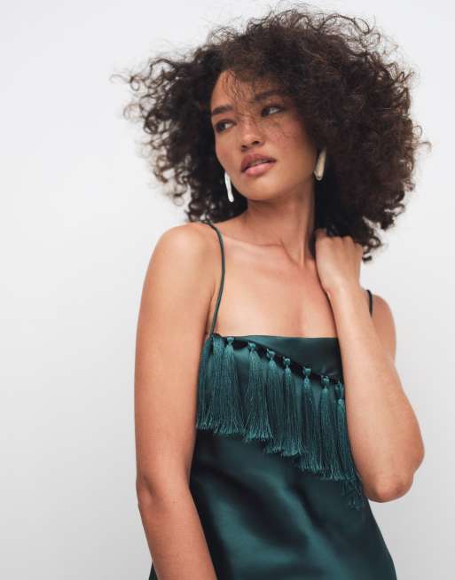 ASOS DESIGN - Satijnen cami met kwastjes in donkergroen, 4 van 7