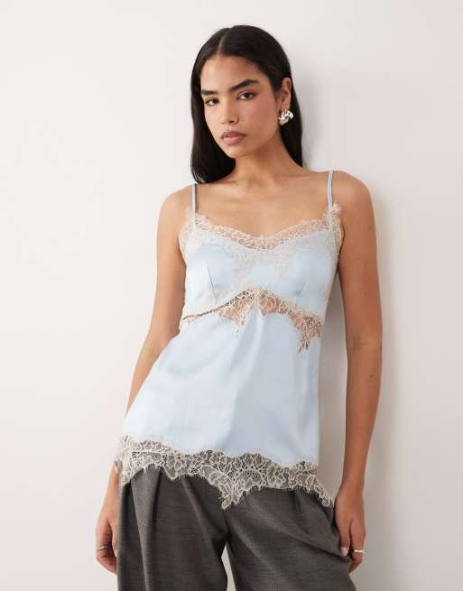 ASOS DESIGN - Satijnen camitop met kanten rand en lange pasvorm in blauw, 2 van 4