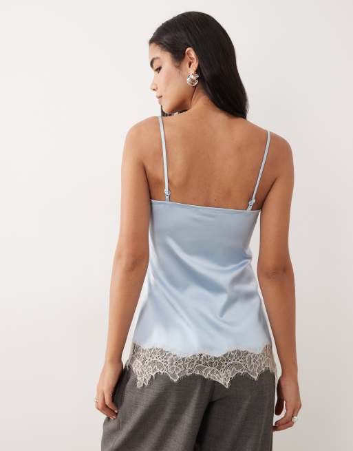 ASOS DESIGN - Satijnen camitop met kanten rand en lange pasvorm in blauw, 4 van 4