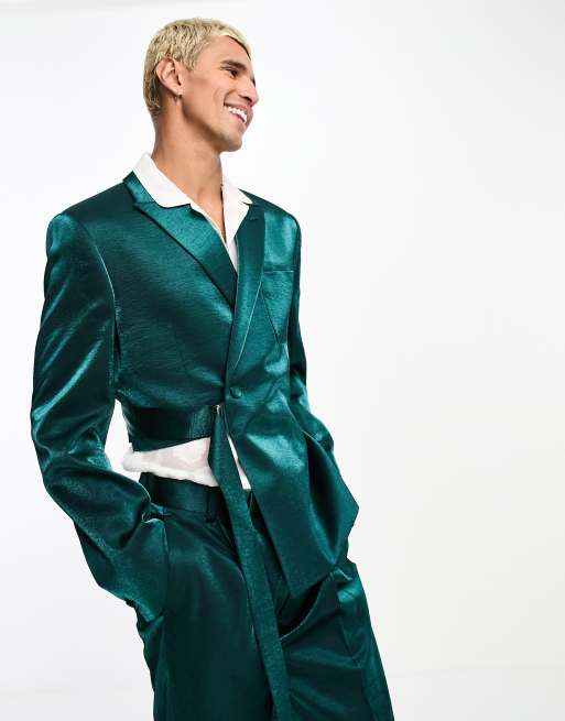 ASOS DESIGN - Satijnen colbert met uitsnijding en ceintuur in smaragdgroen