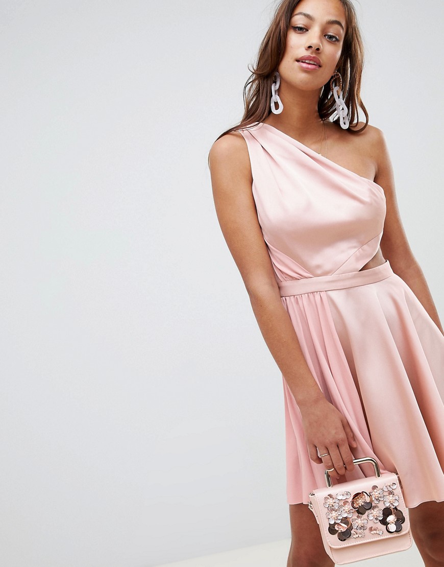 ASOS DESIGN - Satijnen halfgeplooide mini-jurk met uitsnijding en een blote schouder-Roze