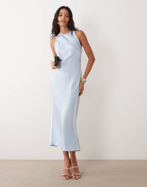 ASOS DESIGN satijnen halternek midi jurk in lichtblauw - view 1