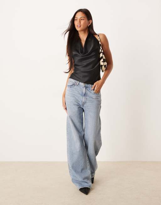 ASOS DESIGN - Satijnen haltertop met gedrapeerde hals in zwart, 3 van 4