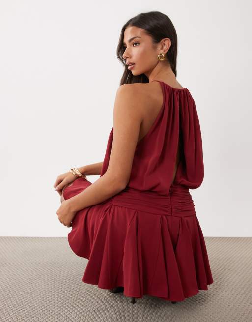 ASOS DESIGN satijnen hoogsluitende mini-jurk met verlaagde taille in kersenrood, 4 van 4