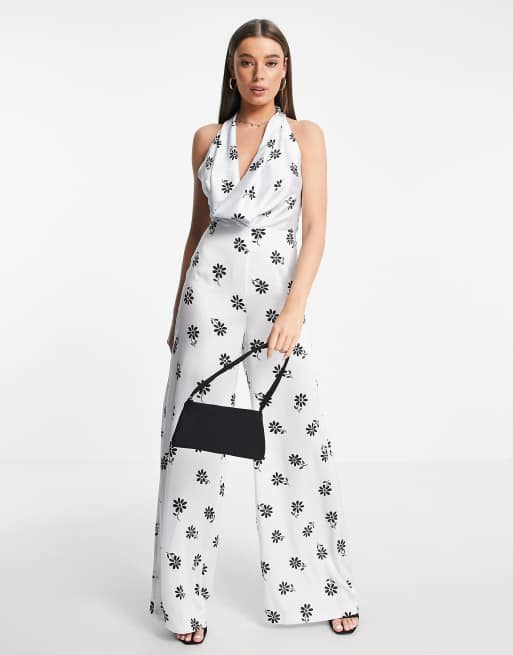 ASOS DESIGN - Satijnen jumpsuit met gedrapeerde halslijn en madeliefjesprint, 4 van 4