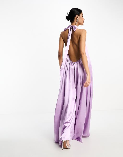 ASOS DESIGN - Satijnen jumpsuit met halternek, open rug en wijde pijpen in lila