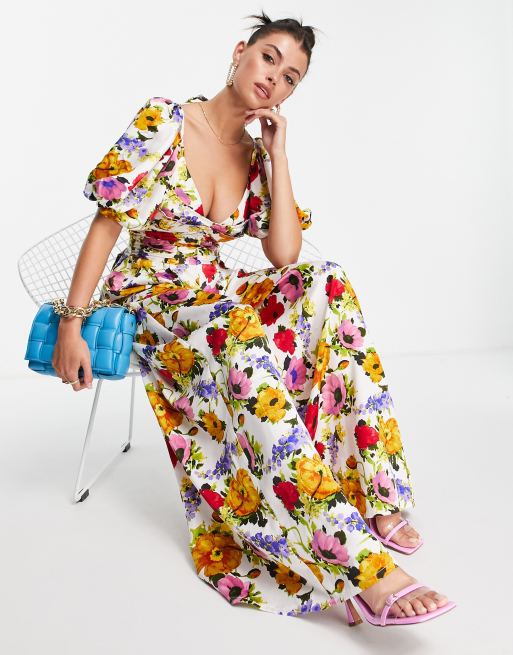 ASOS DESIGN - Satijnen jumpsuit met oversized mouwen en felle bloemenprint