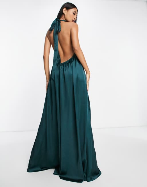 ASOS DESIGN - Satijnen jumpsuit met wijde pijpen, open rug en halternek in donker groenblauw