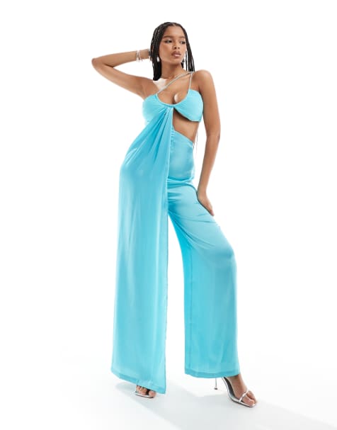 ASOS DESIGN - Satijnen jumpsuit van chiffonmix met wijde pijpen en uitsnijding in turquoise - view 1