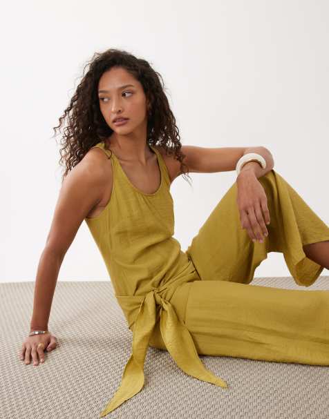 ASOS DESIGN - Satijnen jumpsuit van kreukelstof met taille met sjaaldetail in chartreuse - view 1