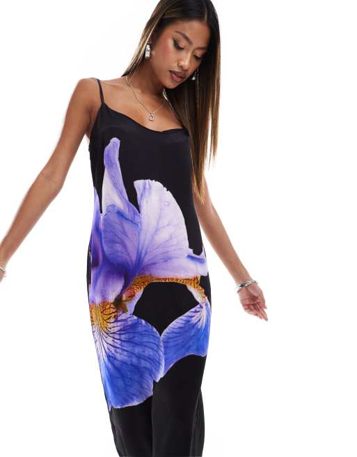 ASOS DESIGN - Satijnen jurk in zwart met bloemenprint, 3 van 4