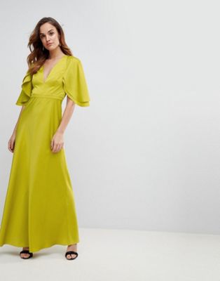 ASOS DESIGN - Satijnen lange jurk met fladdermouwen-Groen