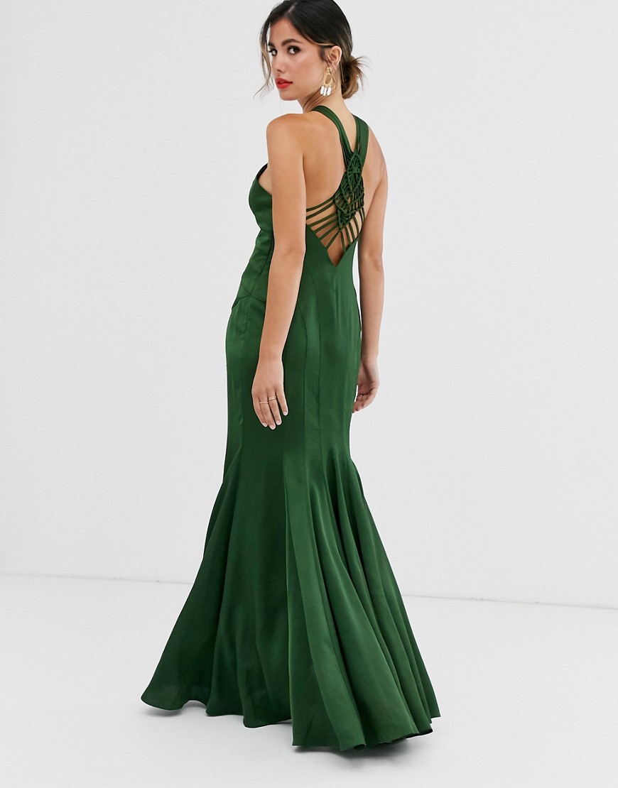 ASOS DESIGN - Satijnen lange jurk met uitlopende rok en macrame achterkant-Groen