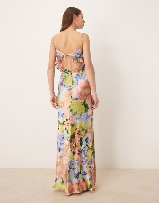ASOS DESIGN - Satijnen maxi cami-jurk met buste van chiffon in bloemenprint, 3 van 4