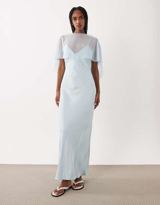 ASOS DESIGN - Satijnen maxi jurk met cape-laagje in lichtblauw, 4 van 4