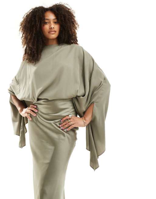 ASOS DESIGN - Satijnen maxi jurk met chiffon bovenlaag in groen, 4 van 4