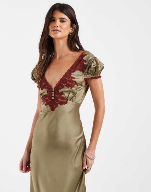 ASOS DESIGN satijnen maxi-jurk met contrasterend kant in olijfgroen, 3 van 4