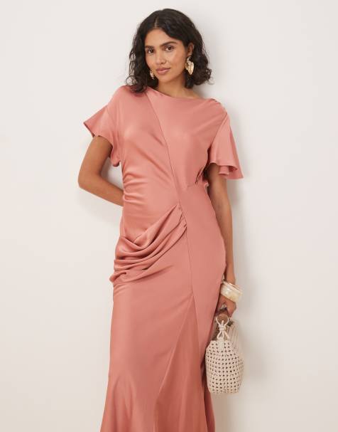 ASOS DESIGN - Satijnen maxi-jurk met fladdermouwen in oudroze - view 1