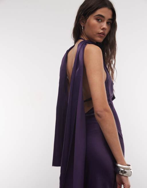 ASOS DESIGN satijnen maxi-jurk met gedrapeerde halslijn en sjaaldetail in paars, 2 van 4
