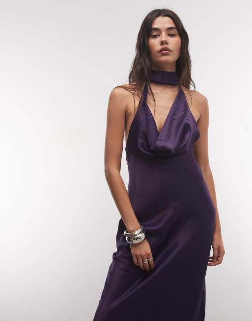 ASOS DESIGN satijnen maxi-jurk met gedrapeerde halslijn en sjaaldetail in paars, 3 van 4