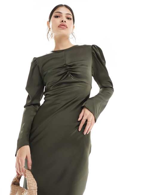 ASOS DESIGN - Satijnen maxi-jurk met gerimpeld detail aan de buste in groen, 2 van 4