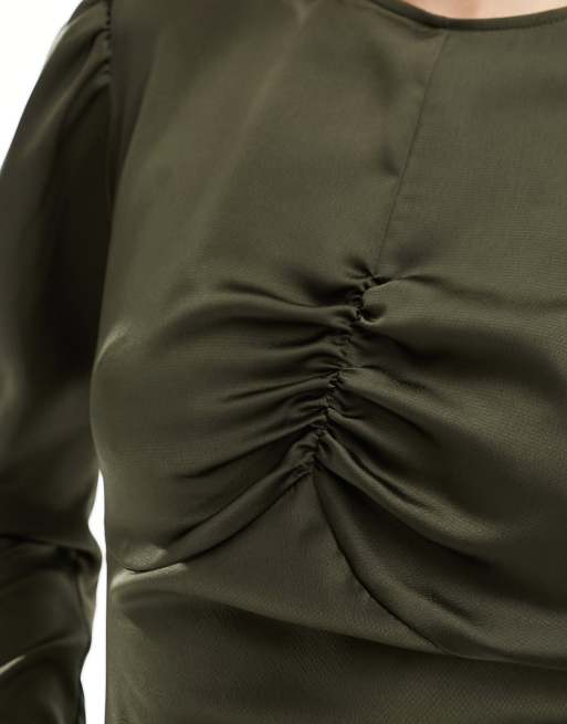 ASOS DESIGN - Satijnen maxi-jurk met gerimpeld detail aan de buste in groen, 3 van 4