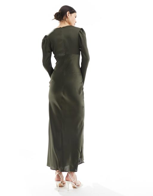 ASOS DESIGN - Satijnen maxi-jurk met gerimpeld detail aan de buste in groen, 4 van 4