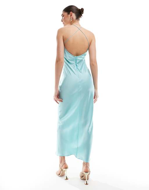 ASOS DESIGN - Satijnen maxi jurk met halternek, aangerimpelde buste en uitgesneden splitje in aqua, 2 van 4