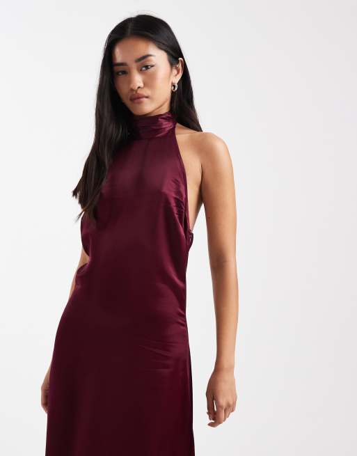 ASOS DESIGN - Satijnen maxi-jurk met halternek en lage rug in paars, 3 van 4