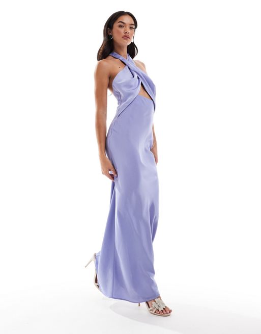 FhyzicsShops DESIGN - Satijnen maxi-jurk met halternek, gekruiste voorkant en uitsnijding in blauw