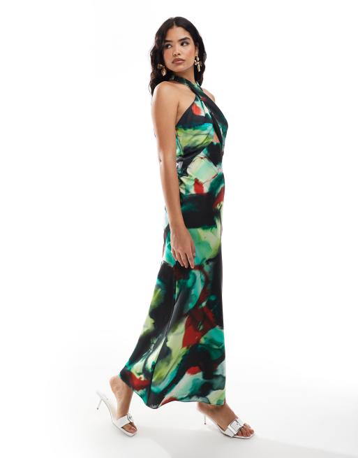 ASOS DESIGN - Satijnen maxi-jurk met halternek, gekruiste voorkant, uitsnijding en abstracte print