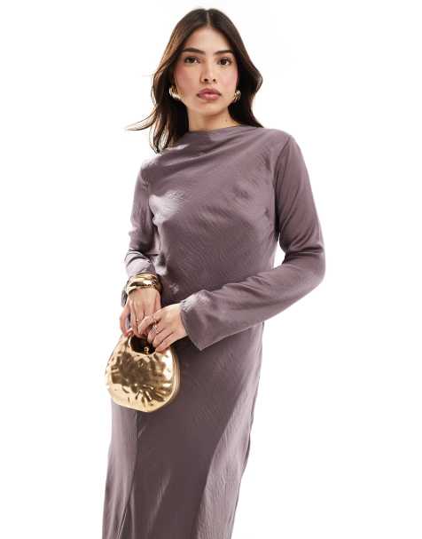 ASOS DESIGN - Satijnen maxi jurk met hoge hals en naaddetail in mauve - view 1