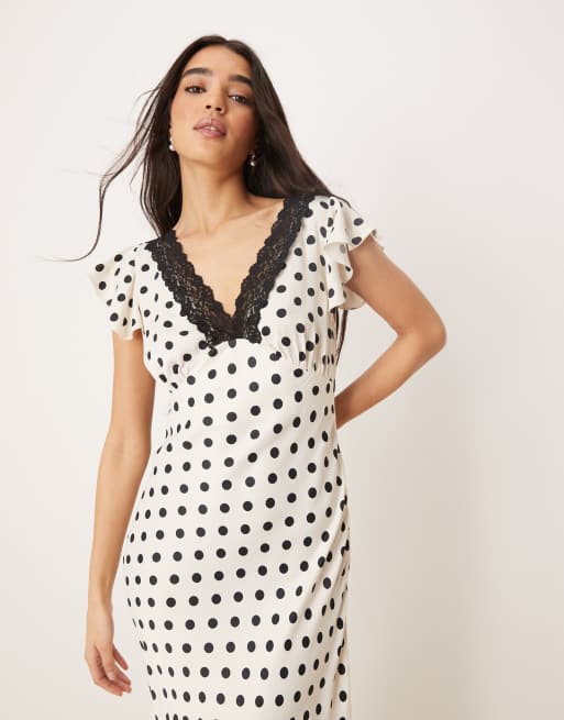 ASOS DESIGN - Satijnen maxi jurk met kanten rand in crème met stippenprint, 4 van 4