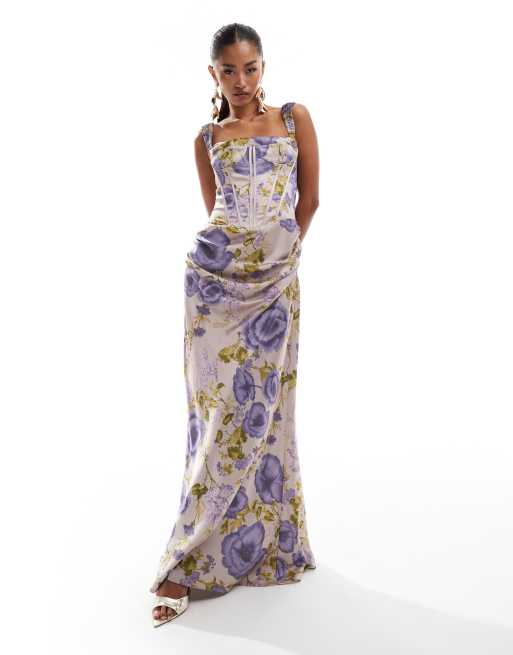 ASOS DESIGN - Satijnen maxi jurk met korsetdetail en veters aan de achterkant in zachte bloemenprint