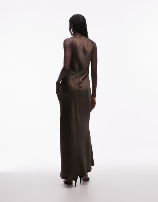 ASOS DESIGN - Satijnen maxi jurk met lage ronde hals in chocoladebruin, 3 van 4