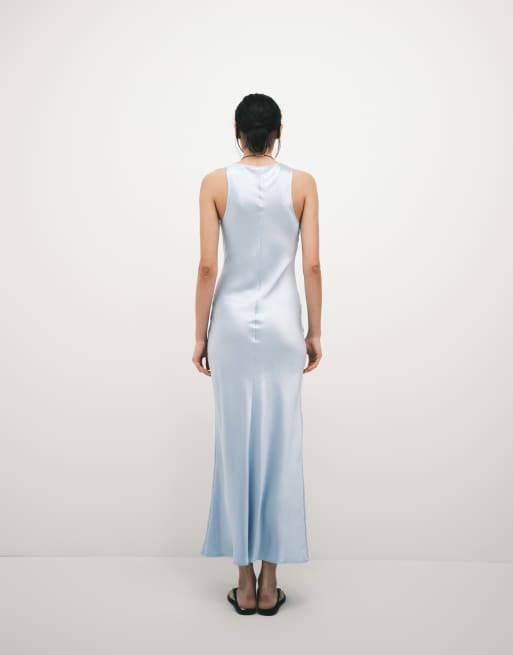 ASOS DESIGN - Satijnen maxi jurk met lage ronde hals in lichtblauw, 3 van 4