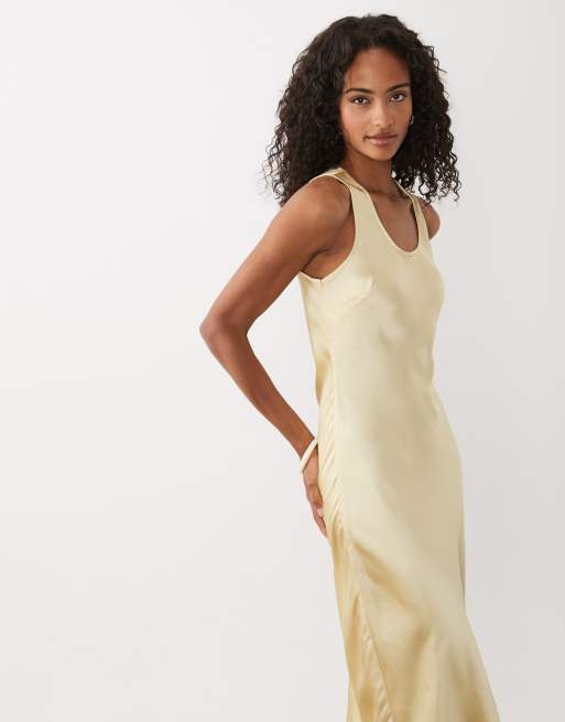 ASOS DESIGN - Satijnen maxi jurk met lage ronde hals in lichtgeel, 3 van 4