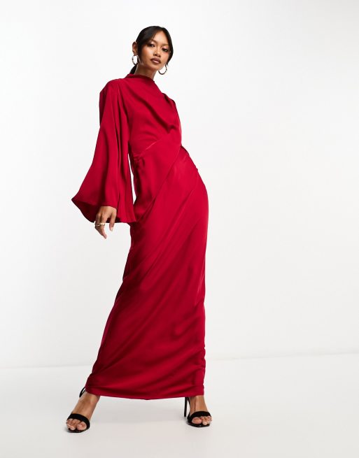 ASOS DESIGN - Satijnen maxi jurk met overslag, gedrapeerd lijfje en kimonomouwen in dieprood, 4 van 4
