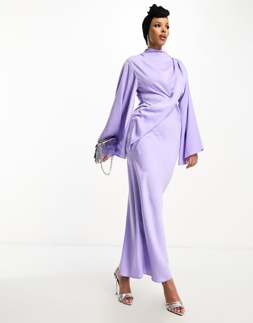 ASOS DESIGN - Satijnen maxi-jurk met overslag, gedrapeerd lijfje en kimonomouwen in lila