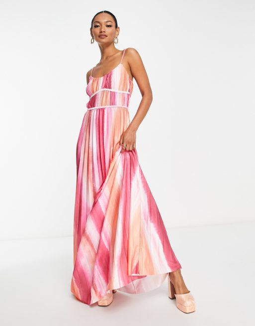 ASOS DESIGN Satijnen maxi jurk met plooien in roze met tie dye print