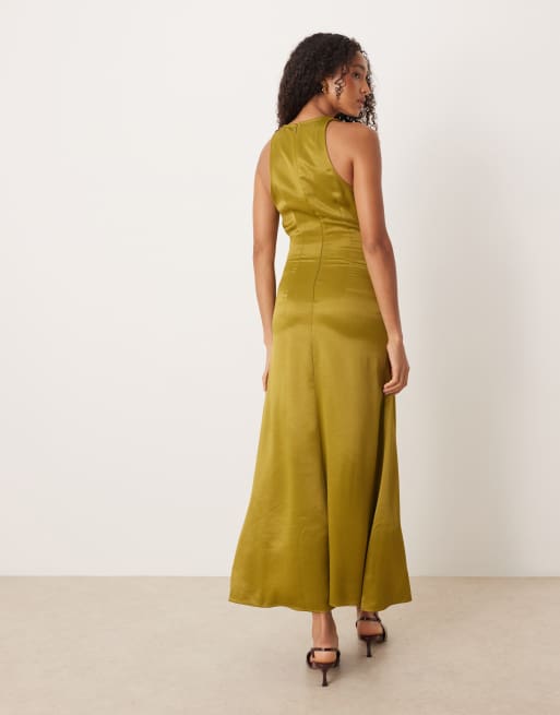 ASOS DESIGN - Satijnen maxi-jurk met racerhals in olijfgroen, 3 van 4