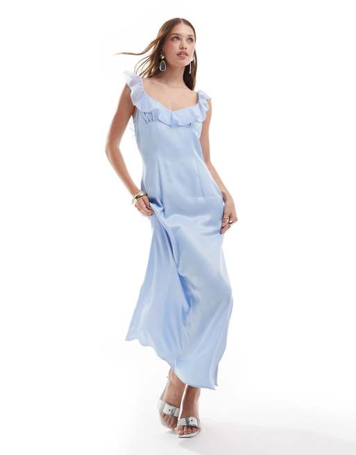 ASOS DESIGN - Satijnen maxi jurk met ruches en wijde ronde hals in blauw