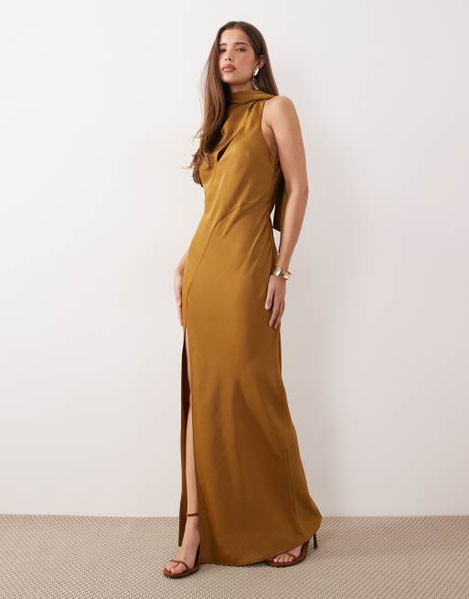 ASOS DESIGN - Satijnen maxi jurk met sjaal en splits in goudbruin, 2 van 4