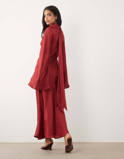 ASOS DESIGN - Satijnen maxi jurk met split aan de mouwen en sjaaldetail in paars, 3 van 4