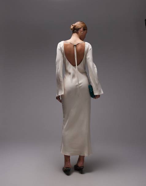 ASOS DESIGN - Satijnen maxi jurk met uitlopende mouwen en lage rug in ecru - view 1