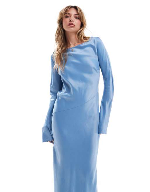 ASOS DESIGN - Satijnen maxi jurk met uitlopende mouwen in blauw, 3 van 4