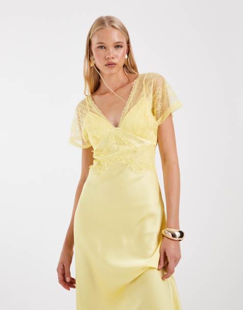 ASOS DESIGN - Satijnen maxi jurk met V-hals en kanten detail in zachtgeel - view 1