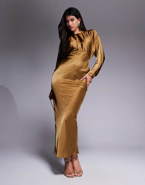 ASOS DESIGN - Satijnen maxi jurk met vleermuismouwen in olijfgroen - view 1